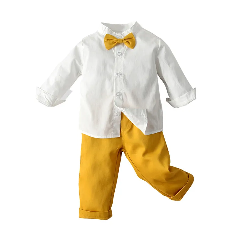 2 Pieces Set Baby Kid Boys Birthday Party Bow Shirts And Color-blocking Jumpsuits Wholesale 22040753