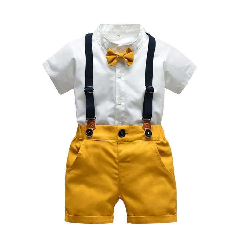 2 Pieces Set Baby Kid Boys Birthday Party Bow Shirts And Color-blocking Jumpsuits Wholesale 22040753