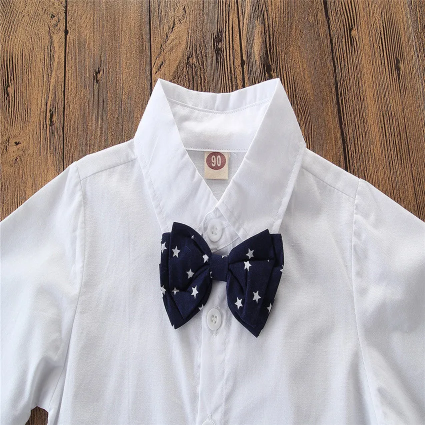2 Pieces Set Baby Kid Boys Birthday Party Bow Shirts And Color-blocking Rompers Wholesale 22040275