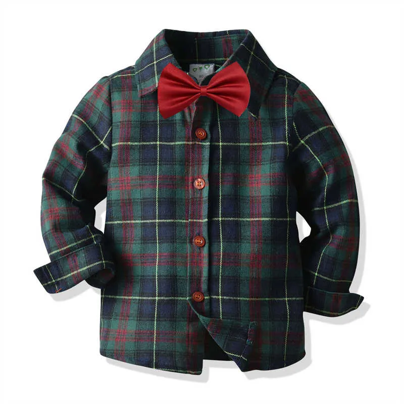 2 Pieces Set Baby Kid Boys Birthday Party Checked Bow Shirts And Solid Color Jumpsuits Wholesale 211109489