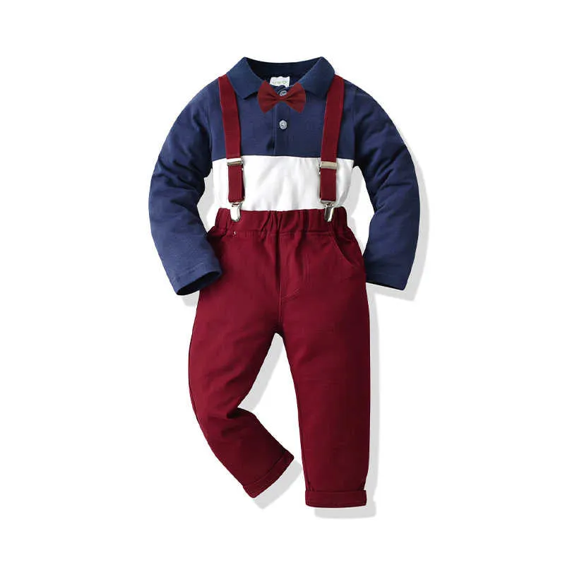 2 Pieces Set Baby Kid Boys Birthday Party Color-blocking Bow Shirts And Solid Color Pants Wholesale 211109446
