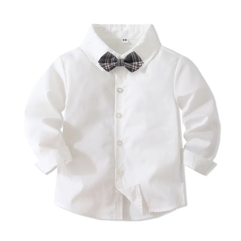 2 Pieces Set Baby Kid Boys Dressy Birthday Party Solid Color Bow Shirts And Checked Jumpsuits Wholesale 221216466