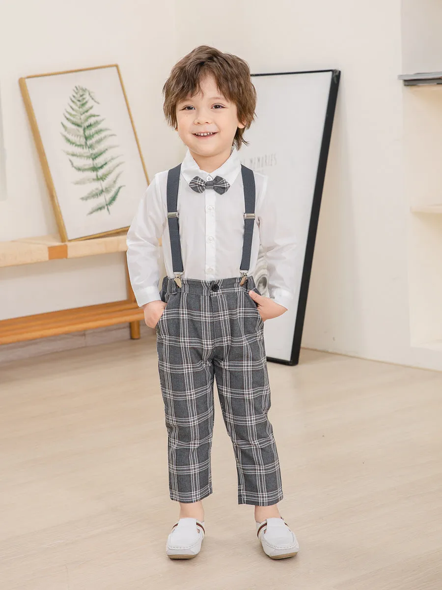 2 Pieces Set Baby Kid Boys Dressy Birthday Party Solid Color Bow Shirts And Checked Jumpsuits Wholesale 221216466