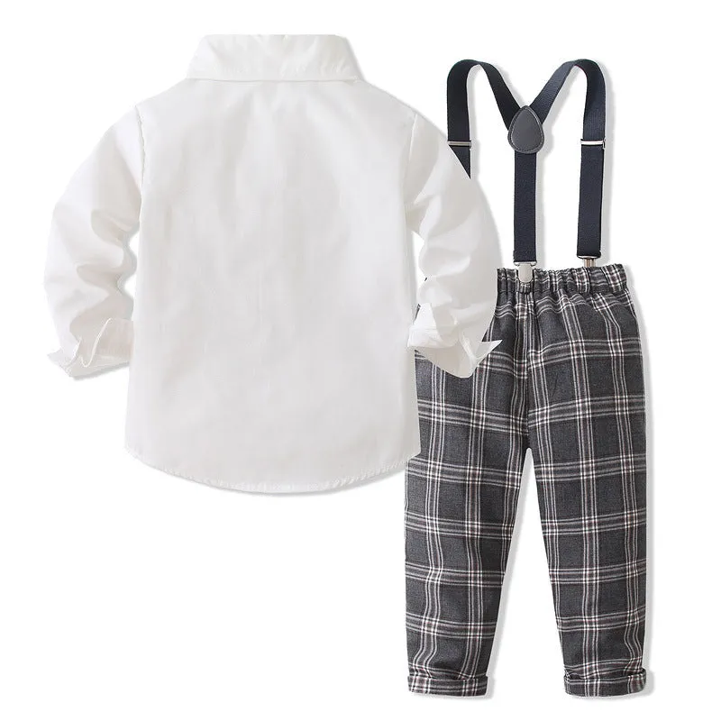 2 Pieces Set Baby Kid Boys Dressy Birthday Party Solid Color Bow Shirts And Checked Jumpsuits Wholesale 221216466