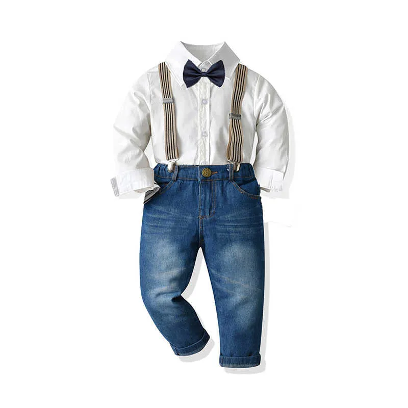 2 Pieces Set Baby Kid Boys Dressy Birthday Party Solid Color Bow Shirts And Jumpsuits Wholesale 211109547