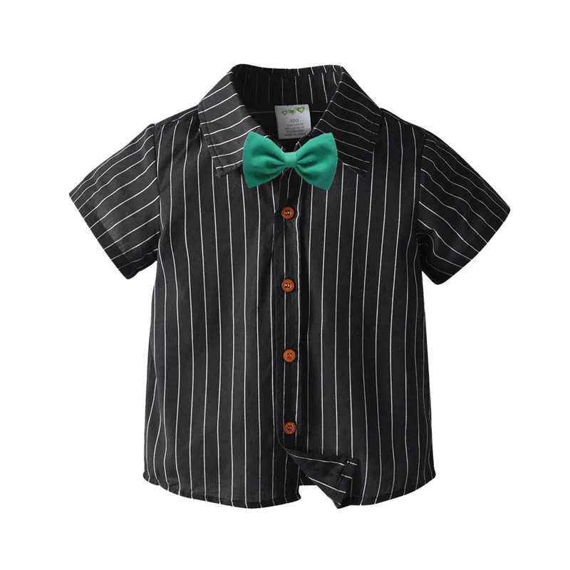 2 Pieces Set Baby Kid Boys Dressy Birthday Party Striped Bow Shirts And Solid Color Jeans Wholesale 211109543