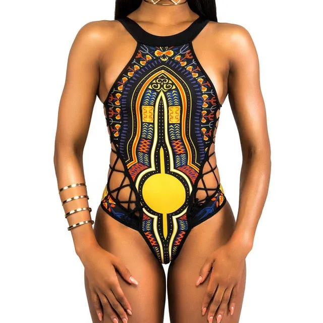 2019 Swimwear Women One Piece African Printed High Cut Monokini