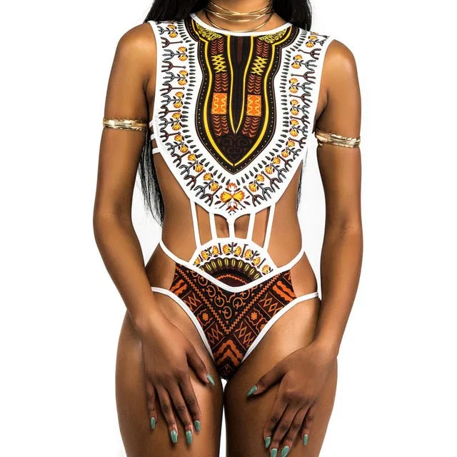 2019 Swimwear Women One Piece African Printed High Cut Monokini