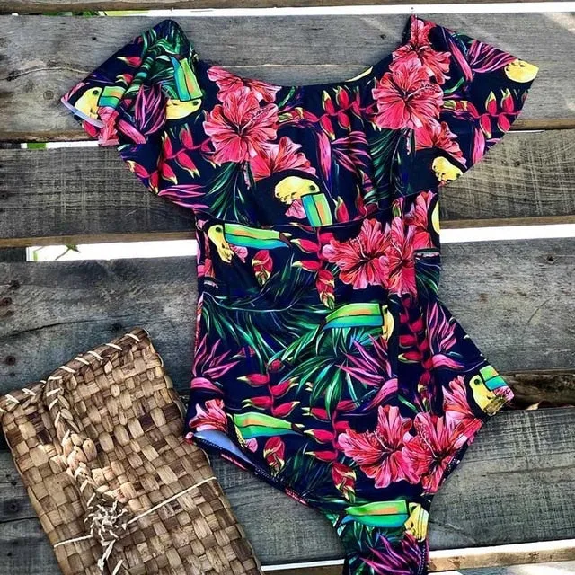 2019 Swimwear Women One Piece  Flounce off Shoulder Monokini