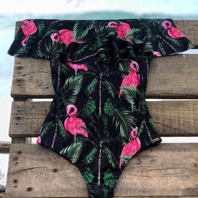 2019 Swimwear Women One Piece  Flounce off Shoulder Monokini