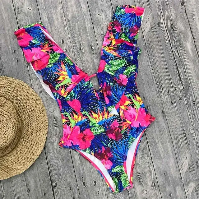 2019 Swimwear Women One Piece  Flounce off Shoulder Monokini