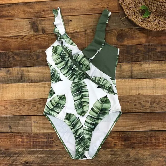 2019 Swimwear Women One Piece  Flounce off Shoulder Monokini