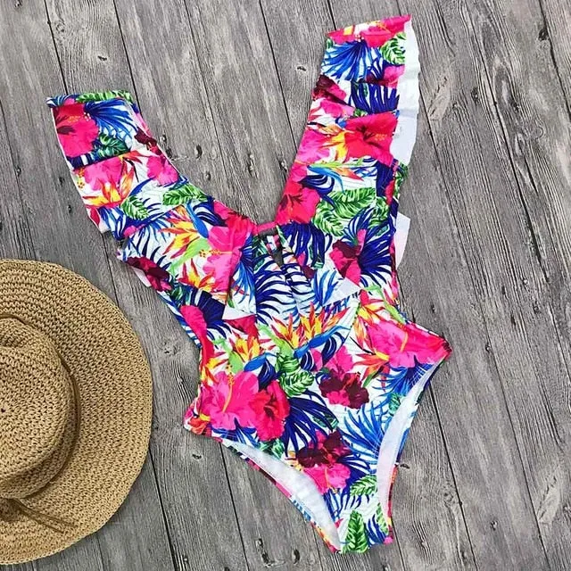 2019 Swimwear Women One Piece  Flounce off Shoulder Monokini