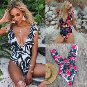 2019 Swimwear Women One Piece  Flounce off Shoulder Monokini