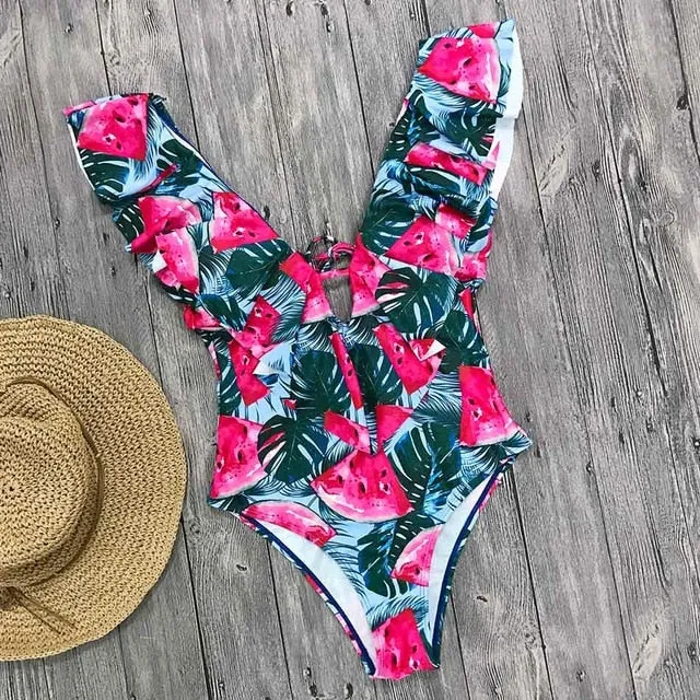 2019 Swimwear Women One Piece  Flounce off Shoulder Monokini