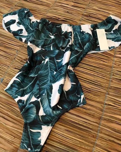 2019 Swimwear Women One Piece  Flounce off Shoulder Monokini