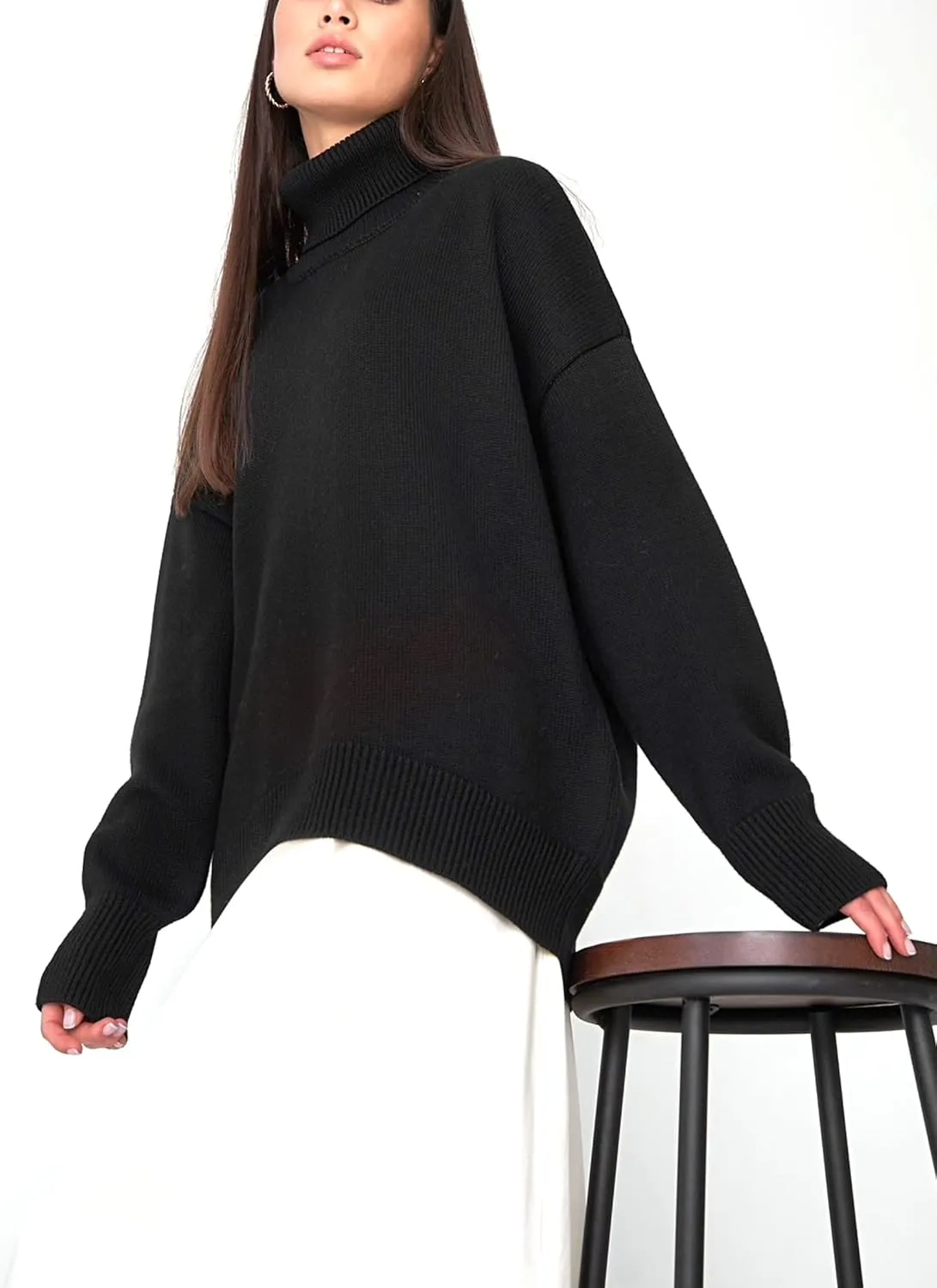 2022Women's Long Sleeve Turtleneck Knit Sweater Casual Loose Pullover Jumper Tops Sweater