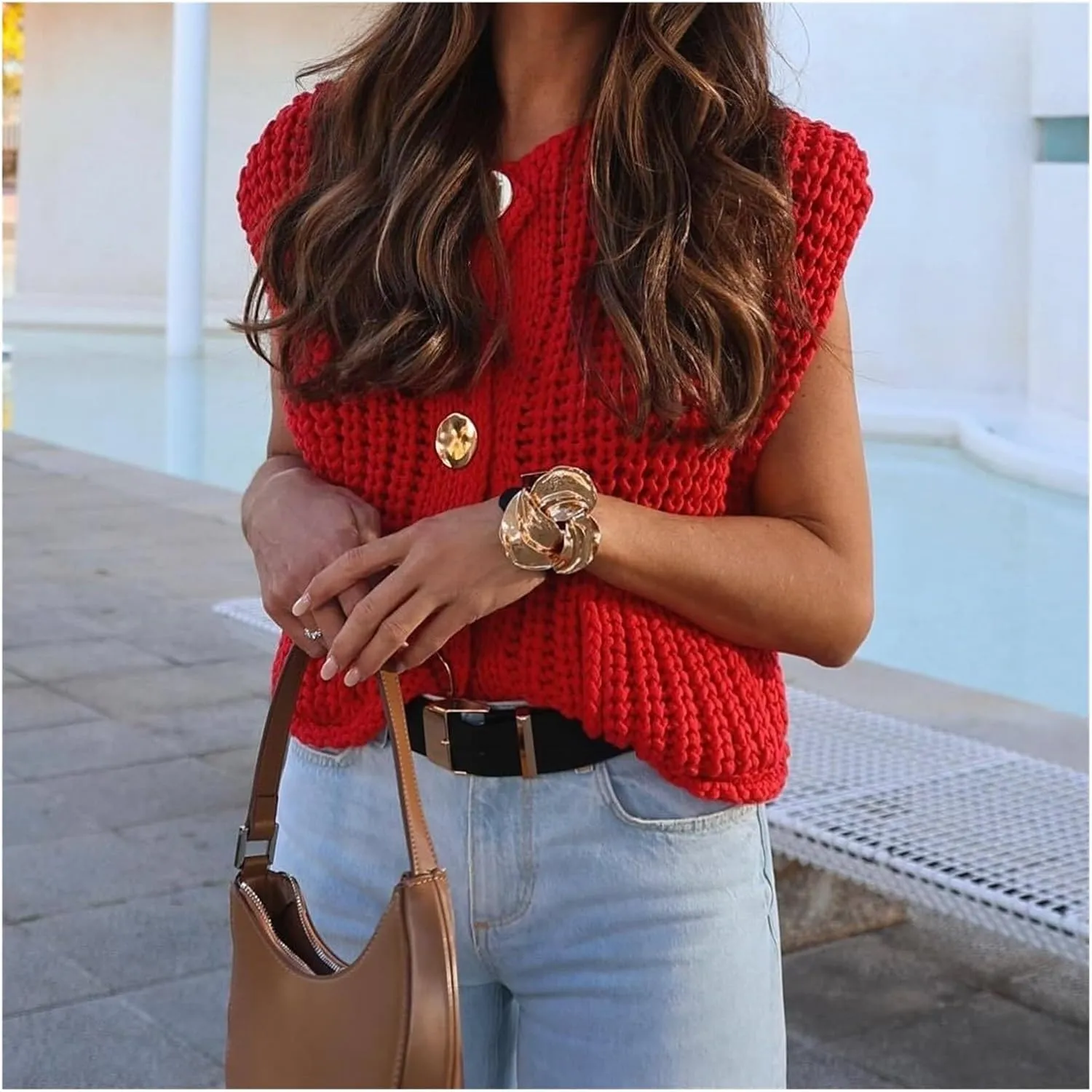 2024 Knit Chunky Vest, Oversized Chunky Sweater Vest, V-Neck Pocket Button Womens Chunky Knit Vest Sleeveless Sweater(Green,Large)