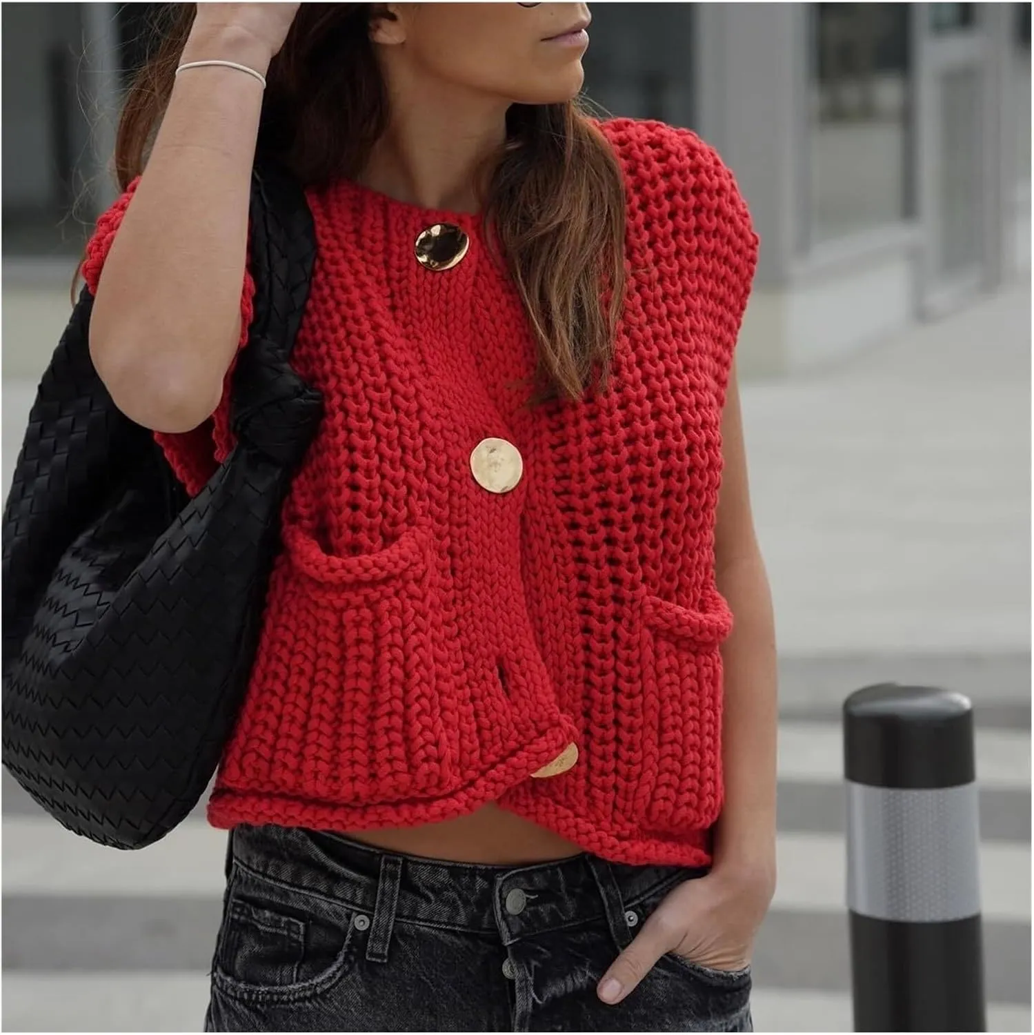 2024 Knit Chunky Vest, Oversized Chunky Sweater Vest, V-Neck Pocket Button Womens Chunky Knit Vest Sleeveless Sweater(Green,Large)