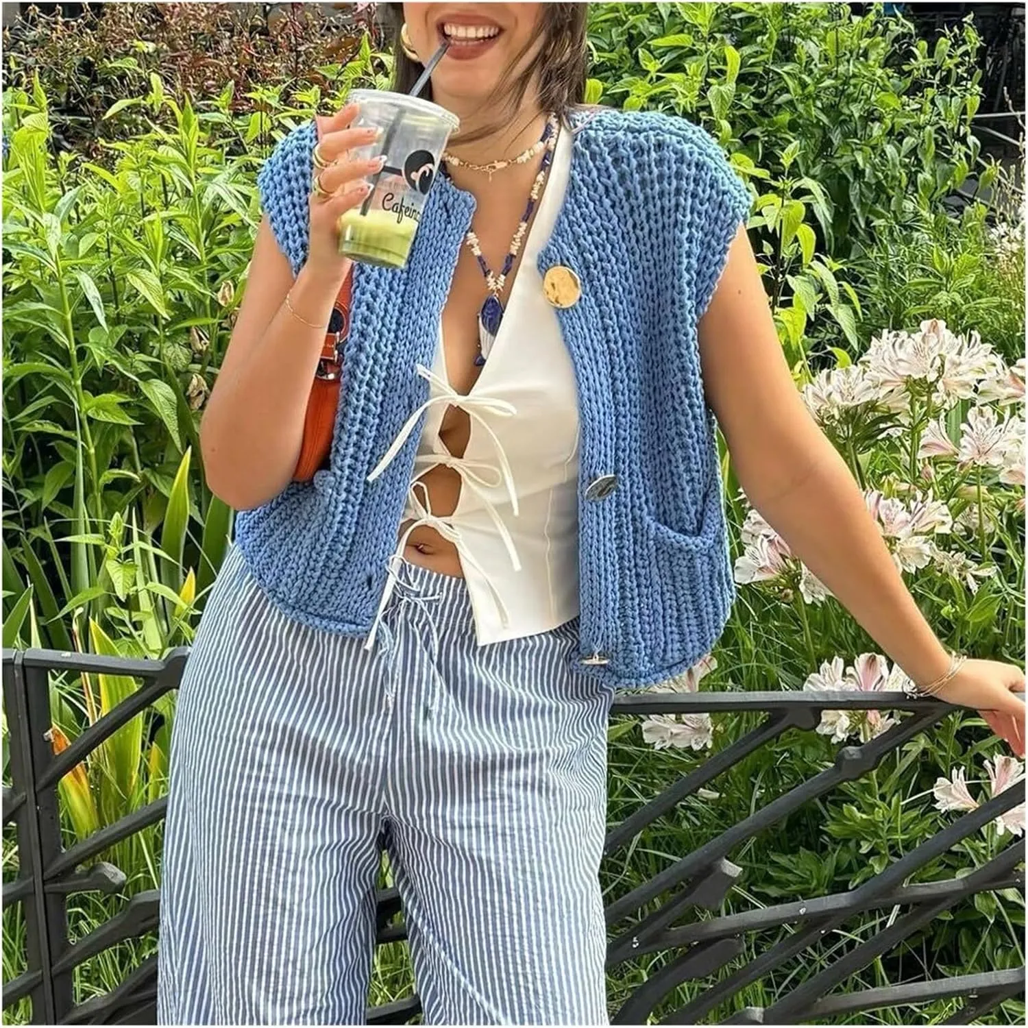 2024 Knit Chunky Vest, Oversized Chunky Sweater Vest, V-Neck Pocket Button Womens Chunky Knit Vest Sleeveless Sweater(Green,Large)