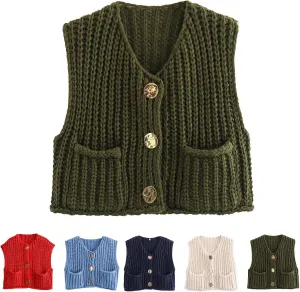 2024 Knit Chunky Vest, Oversized Chunky Sweater Vest, V-Neck Pocket Button Womens Chunky Knit Vest Sleeveless Sweater(Green,Large)