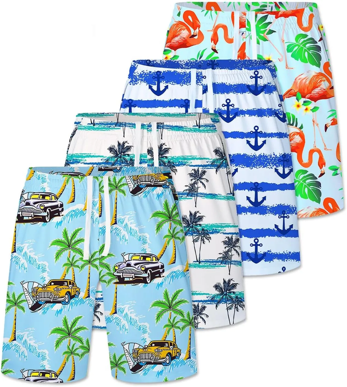 2/3/4 Pack Men's Beach Shorts Casual 9" Inseam Elastic Waist Drawstring Quick Dry Board Shorts with Pockets