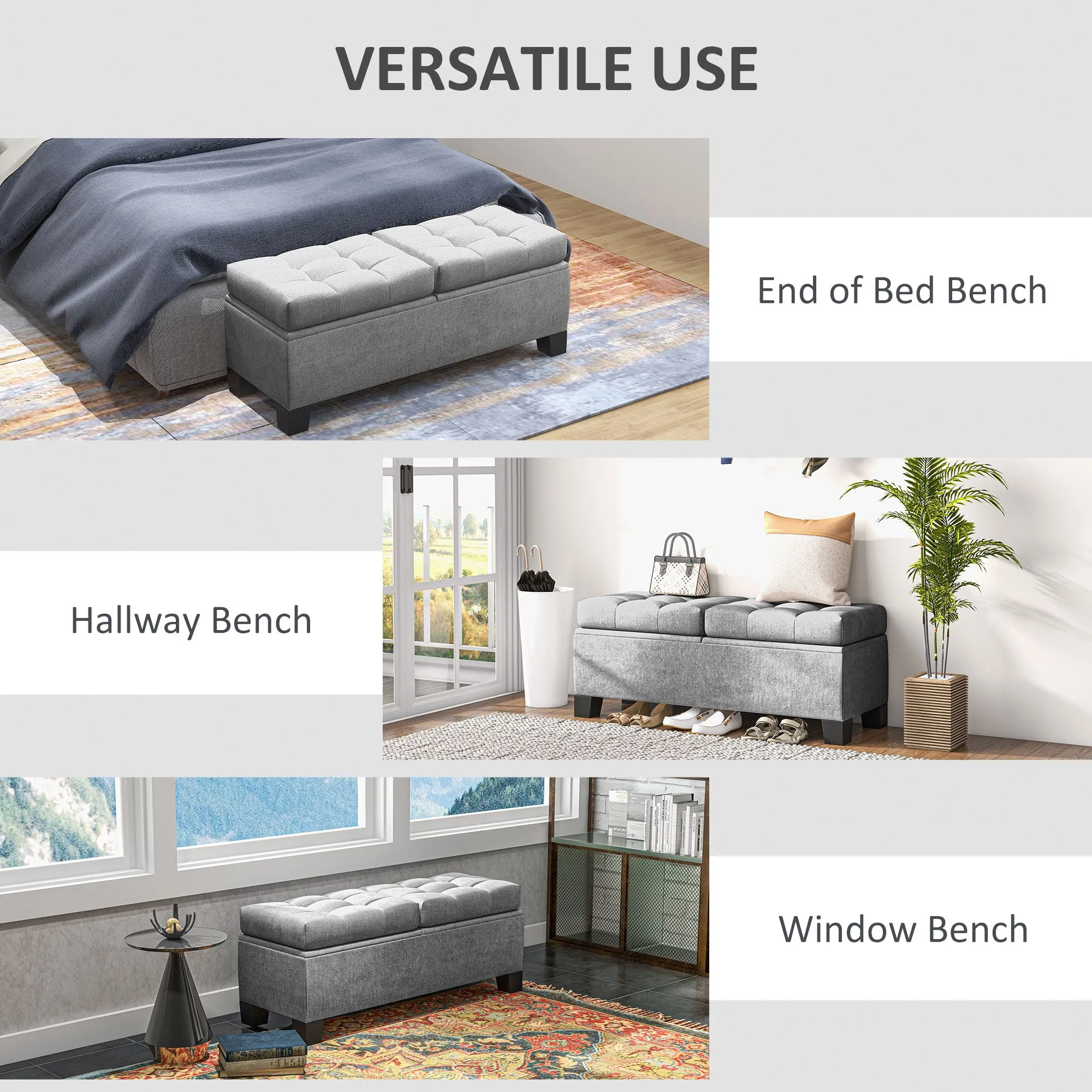 46" Upholstered Storage Ottoman Bench, Steel Frame, Button Tufted, Safety Hinges, Gray - Living Room, Entryway, Bedroom