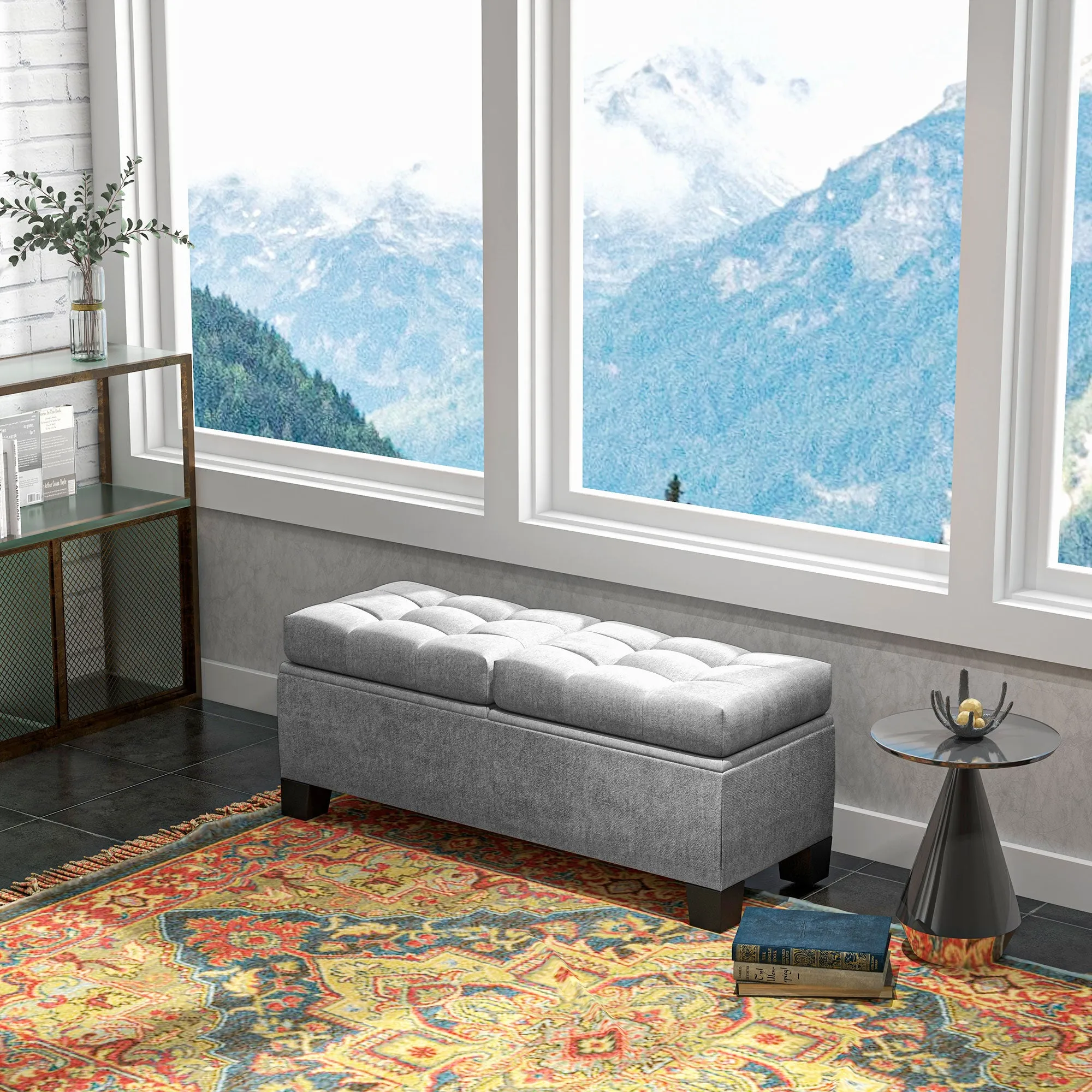 46" Upholstered Storage Ottoman Bench, Steel Frame, Button Tufted, Safety Hinges, Gray - Living Room, Entryway, Bedroom