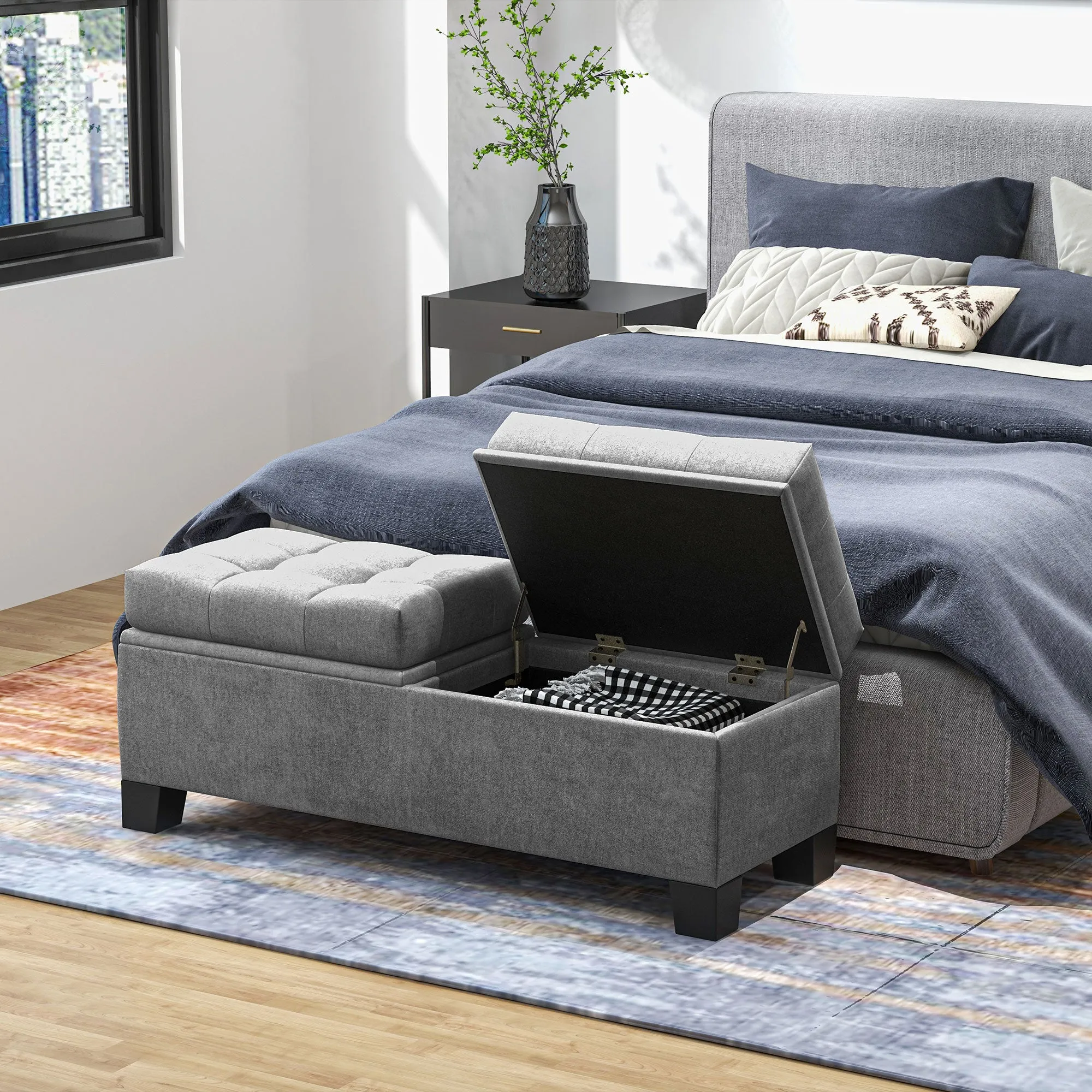 46" Upholstered Storage Ottoman Bench, Steel Frame, Button Tufted, Safety Hinges, Gray - Living Room, Entryway, Bedroom