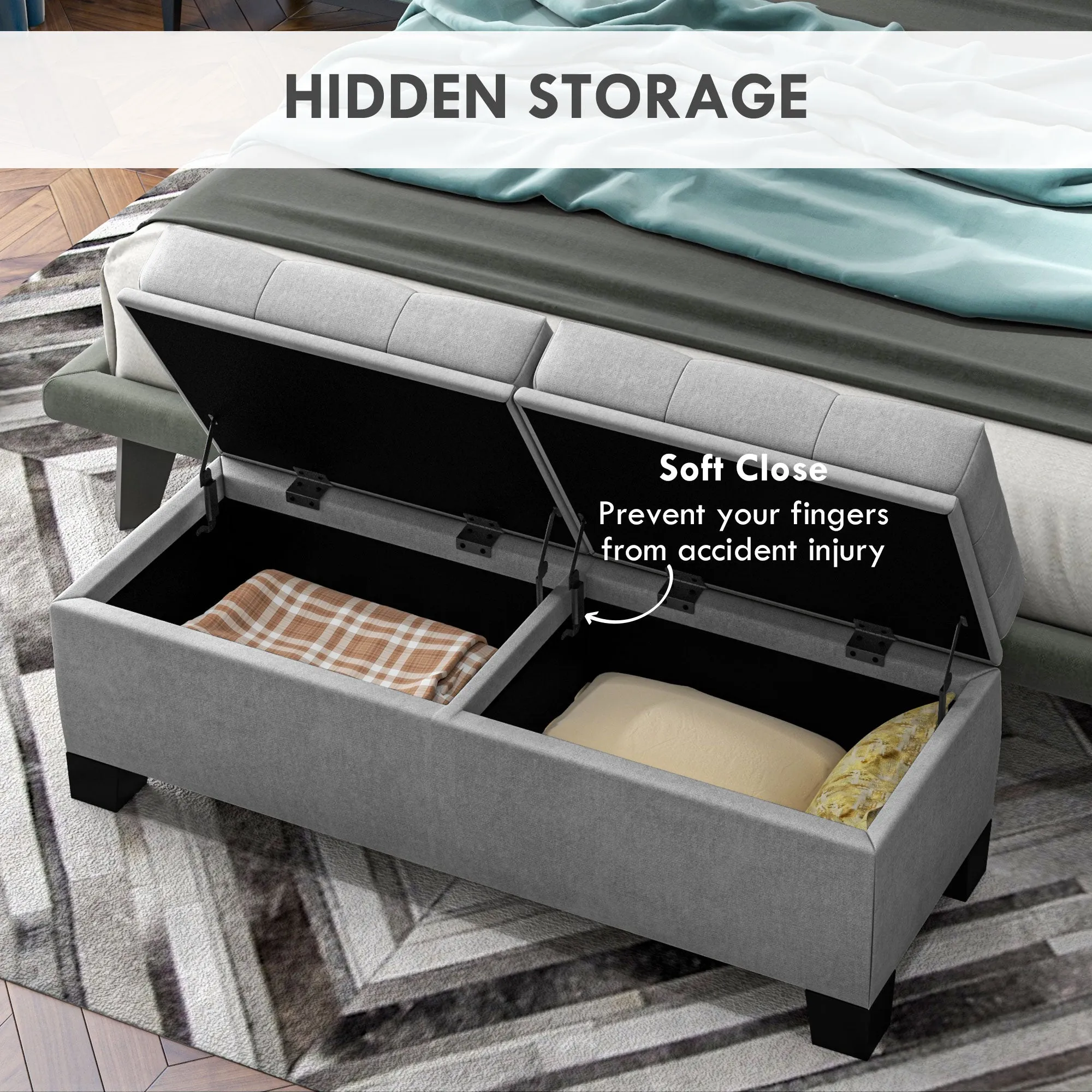 46" Upholstered Storage Ottoman Bench, Steel Frame, Button Tufted, Safety Hinges, Gray - Living Room, Entryway, Bedroom
