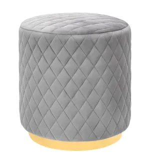 Abir Velvet Ottoman with Gold Base - Elegant Diamond Tufting, Versatile Stool or Seat, Grey/Blue