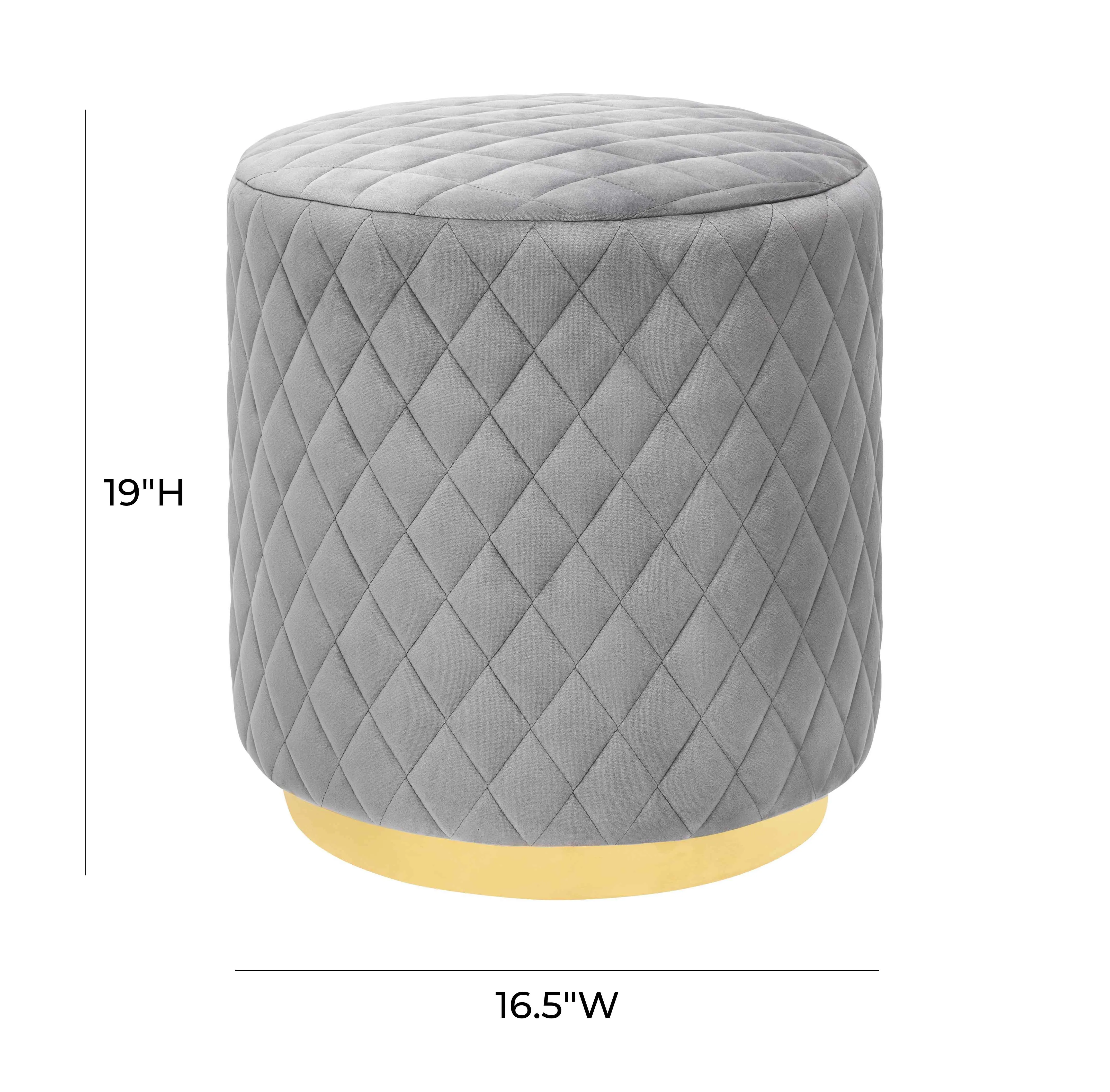 Abir Velvet Ottoman with Gold Base - Elegant Diamond Tufting, Versatile Stool or Seat, Grey/Blue