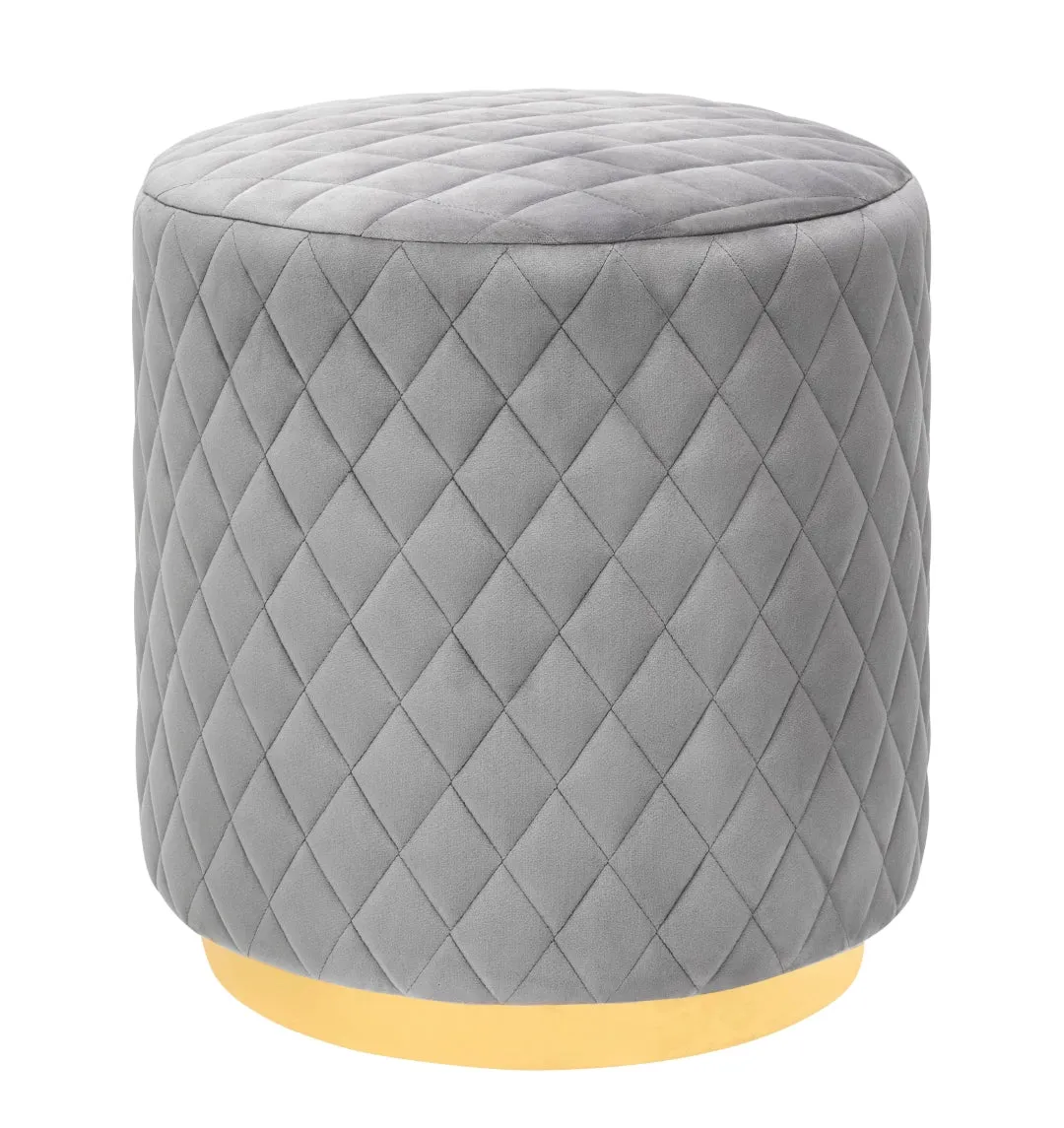 Abir Velvet Ottoman with Gold Base - Elegant Diamond Tufting, Versatile Stool or Seat, Grey/Blue