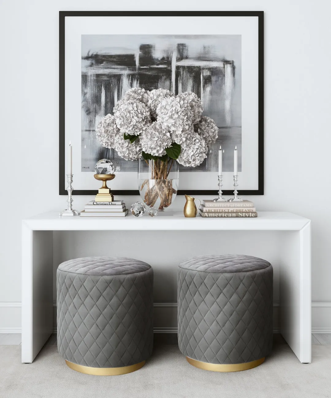 Abir Velvet Ottoman with Gold Base - Elegant Diamond Tufting, Versatile Stool or Seat, Grey/Blue