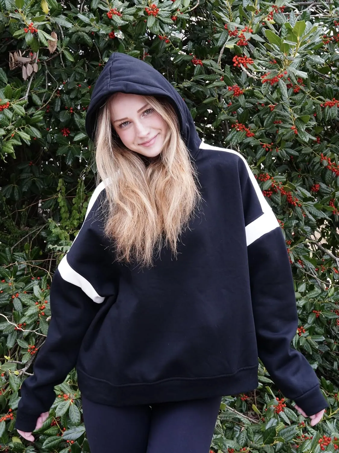 ABOCIW Womens Fleece Oversized Hoodie Sweatshirt Colour Block Panelling Long Sleeve Sweaters Pullover Tops