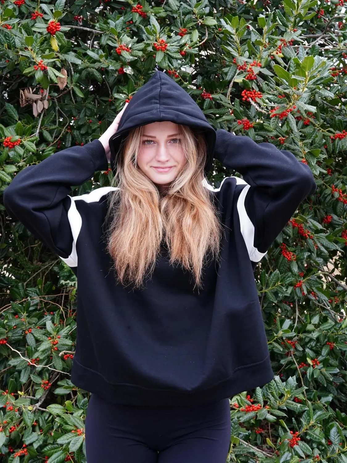 ABOCIW Womens Fleece Oversized Hoodie Sweatshirt Colour Block Panelling Long Sleeve Sweaters Pullover Tops