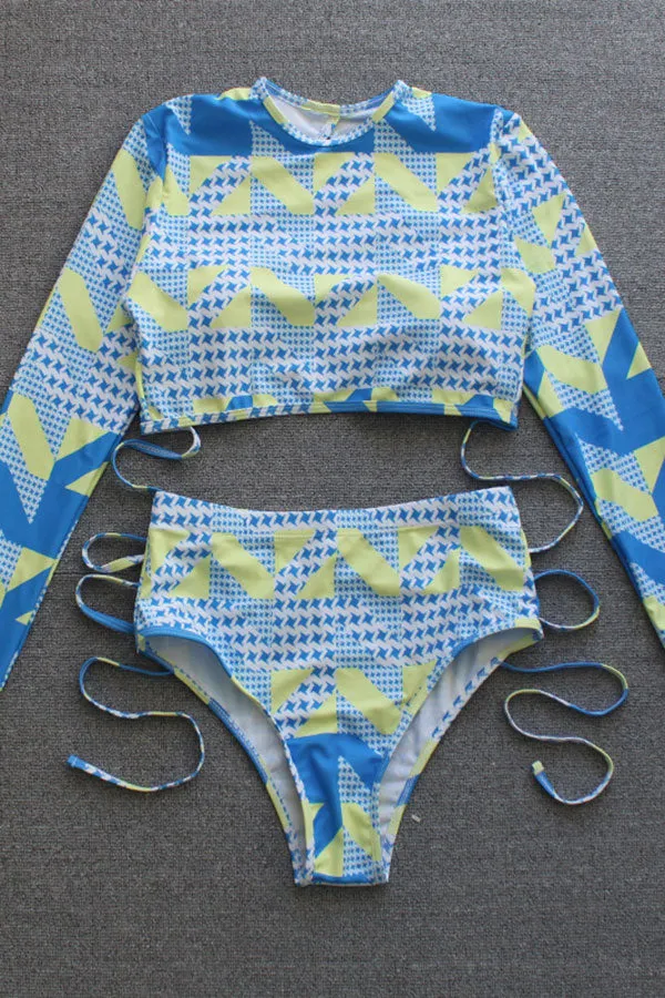 Abstract Print Stylish Lace-Up Bikini