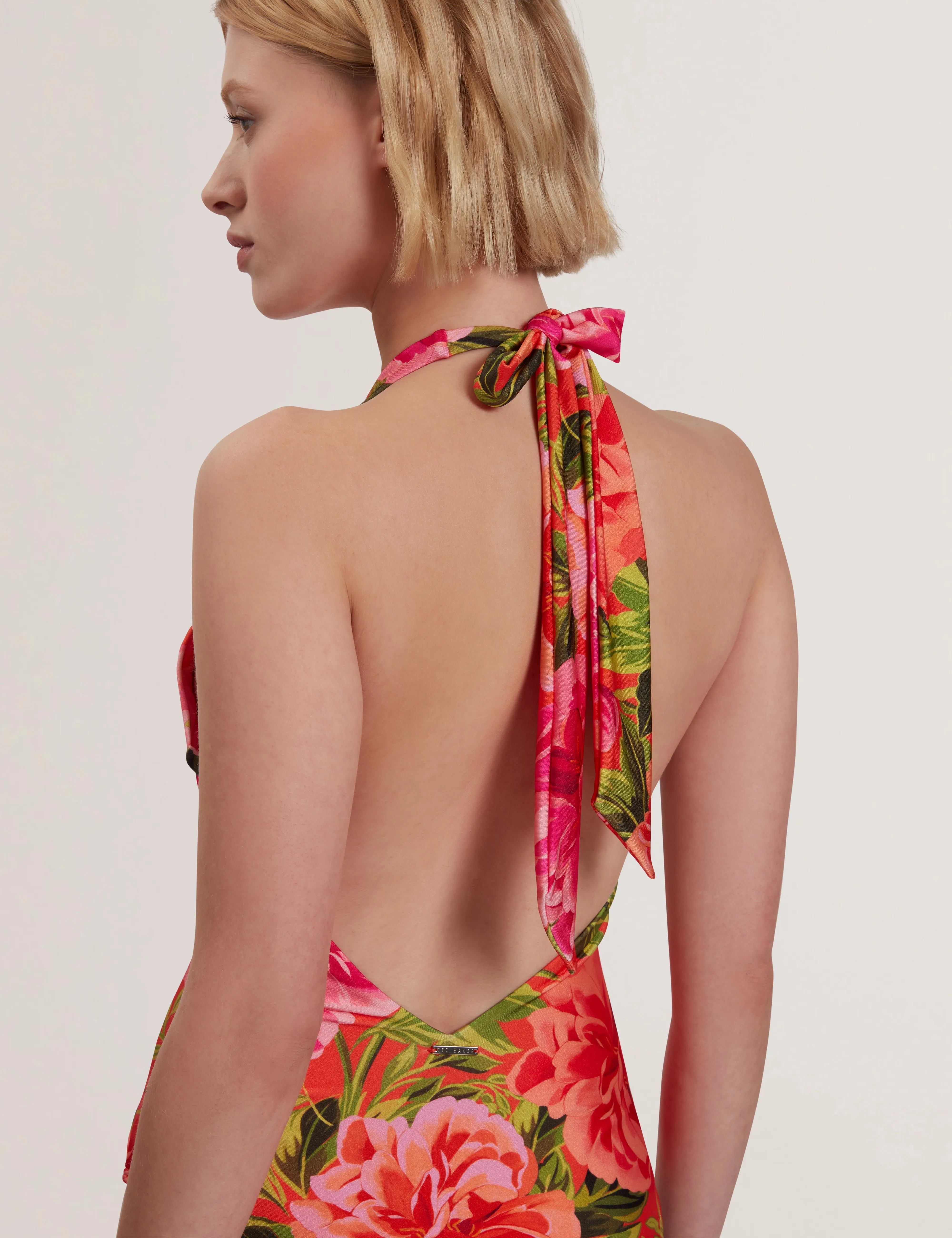 Abygal Twist Detail Plunge Halter Neck Swimsuit Coral