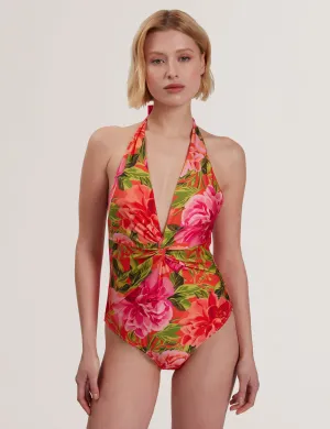 Abygal Twist Detail Plunge Halter Neck Swimsuit Coral