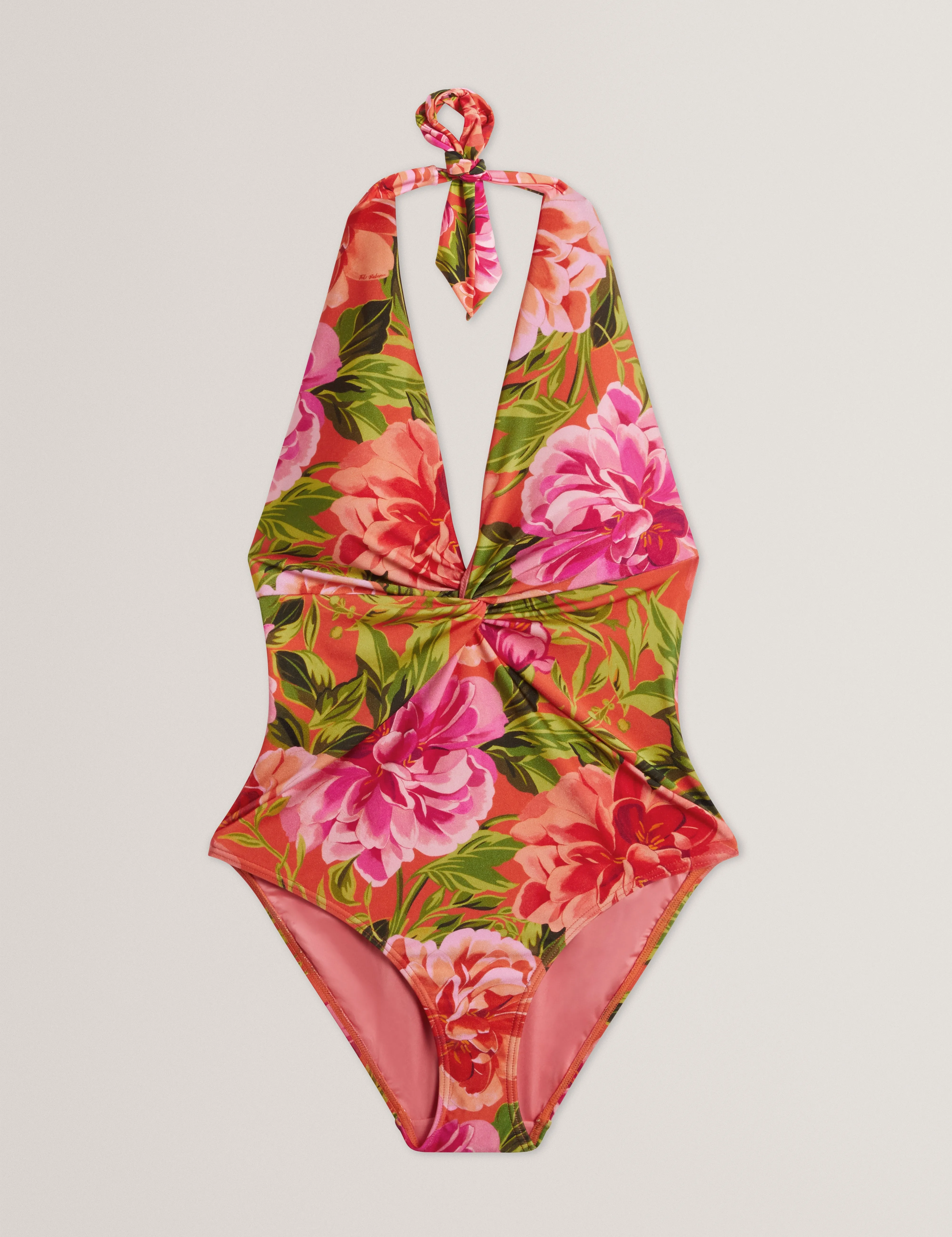 Abygal Twist Detail Plunge Halter Neck Swimsuit Coral