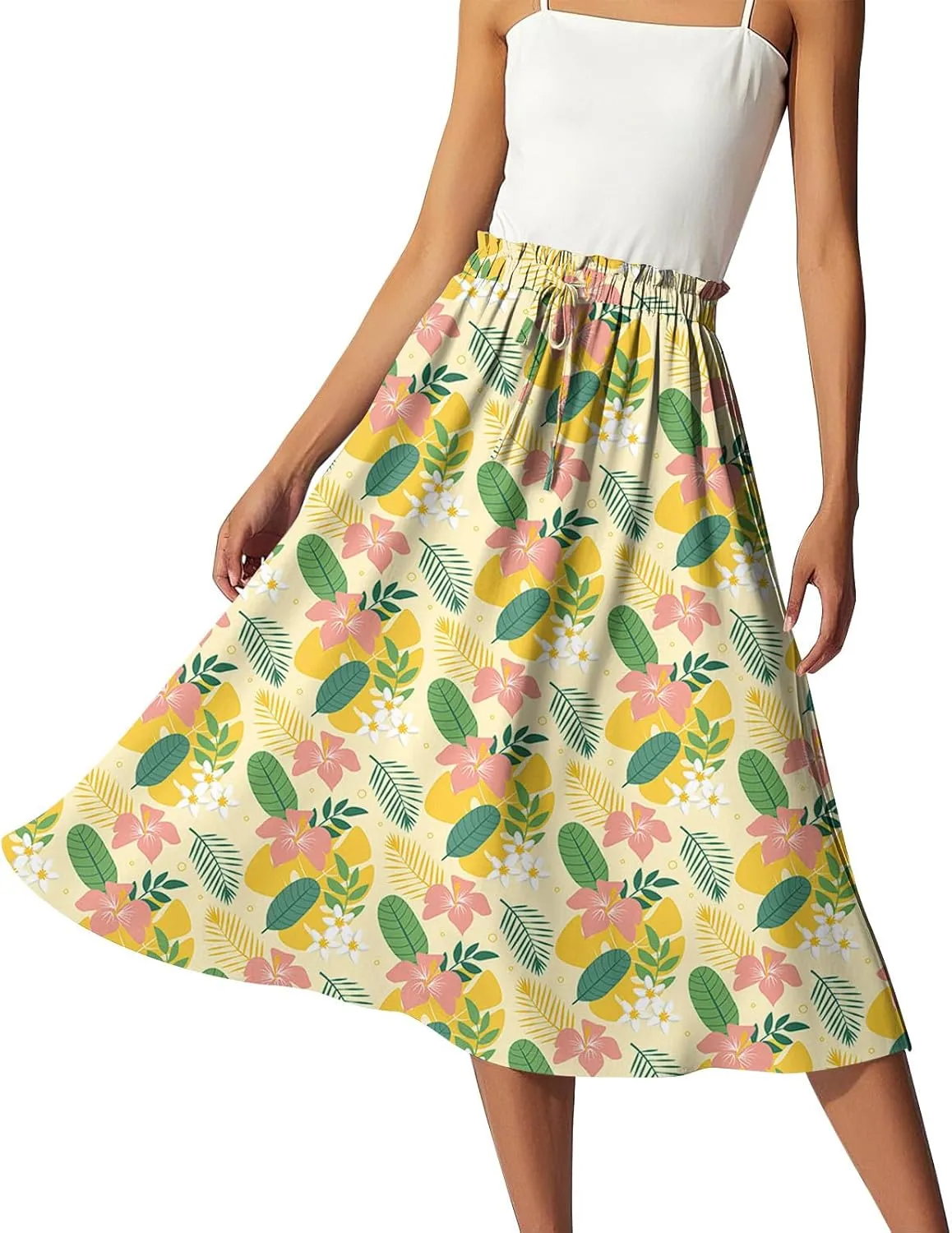 ADHOWBEW Boho Skirts for Women Beach A Line Plus Size Flowy High Waisted Cute Casual Midi Length Ruffle Trendy Spring Skirts