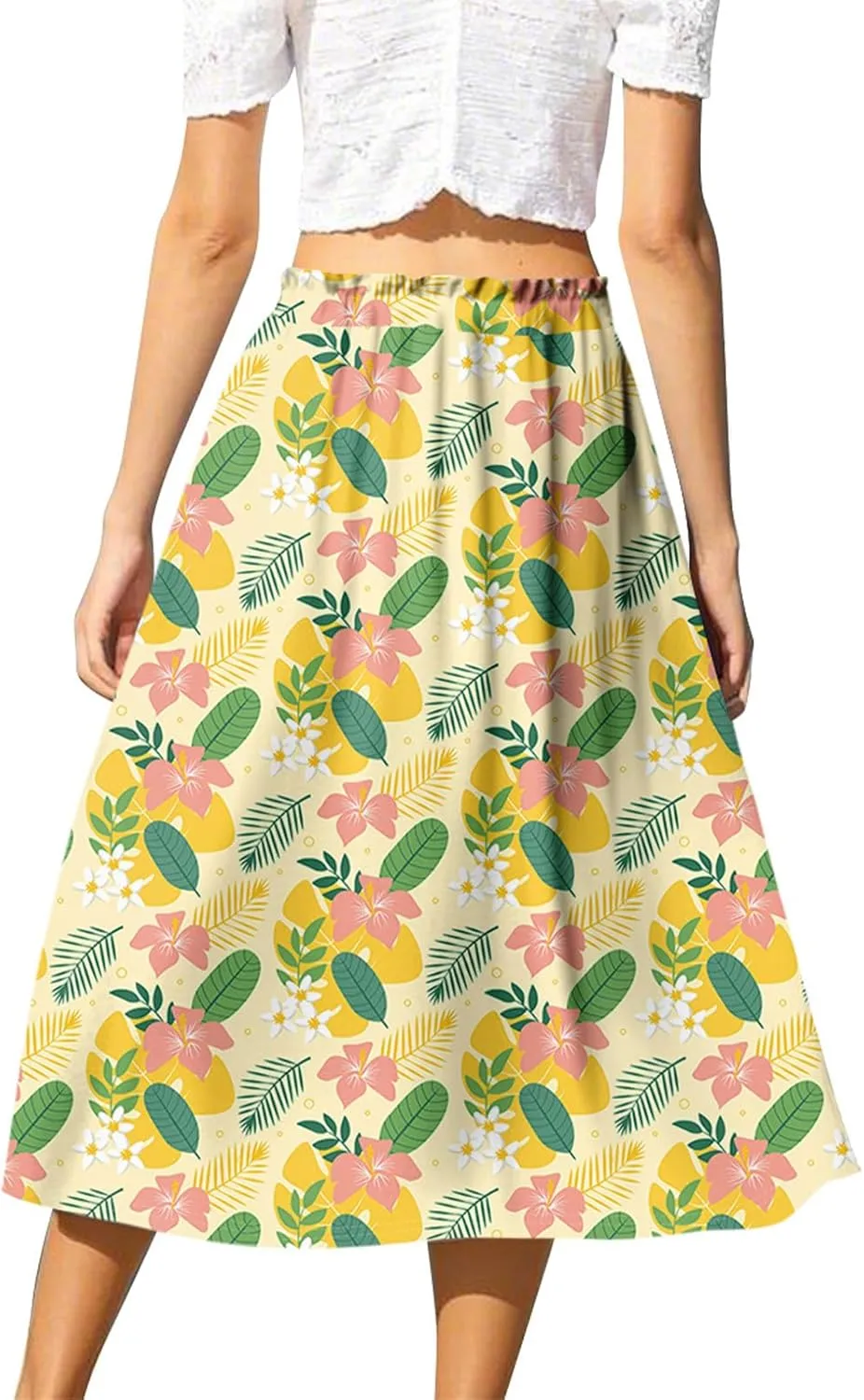 ADHOWBEW Boho Skirts for Women Beach A Line Plus Size Flowy High Waisted Cute Casual Midi Length Ruffle Trendy Spring Skirts