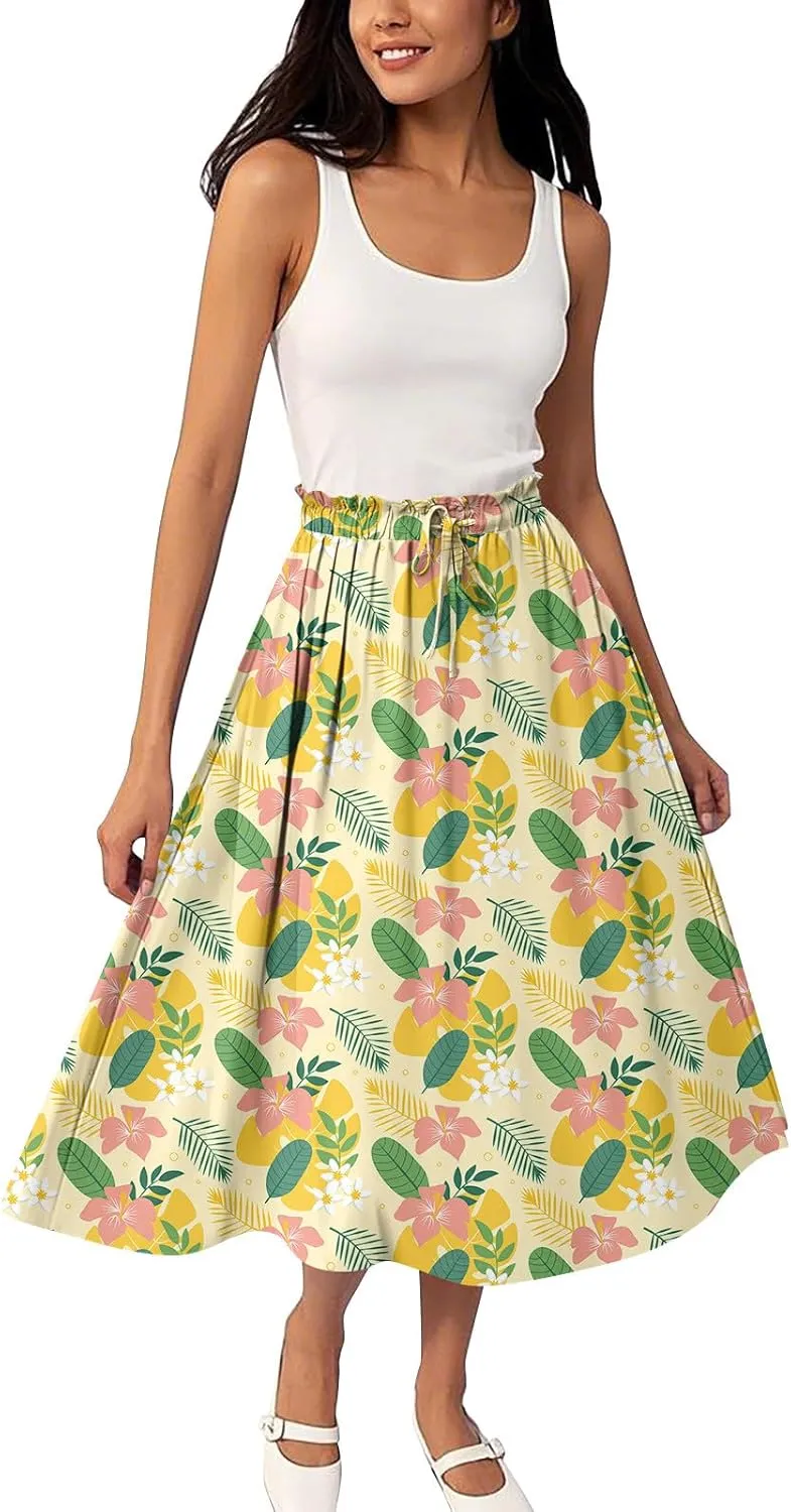 ADHOWBEW Boho Skirts for Women Beach A Line Plus Size Flowy High Waisted Cute Casual Midi Length Ruffle Trendy Spring Skirts