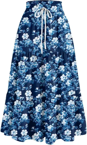ADHOWBEW Boho Skirts for Women Flowy Cute Ruffle Midi Length Plus Size Beach A Line Casual High Waisted Trendy Spring Skirts