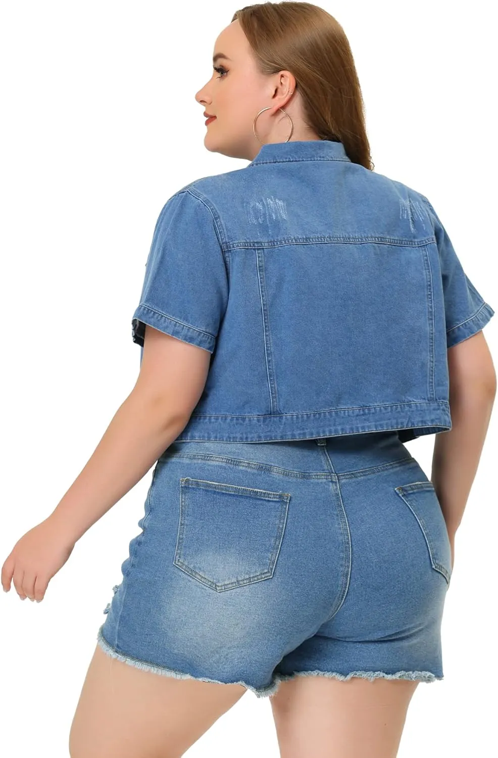 Agnes Orinda Plus Size Denim Jacket for Women Short Sleeves Button Down Cropped Jean Jackets