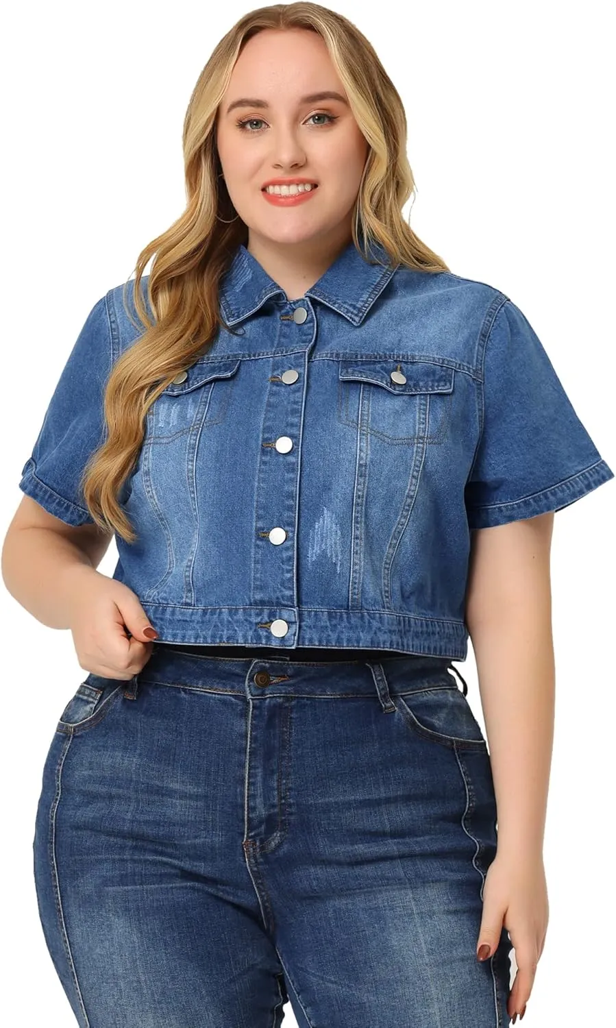 Agnes Orinda Plus Size Denim Jacket for Women Short Sleeves Button Down Cropped Jean Jackets