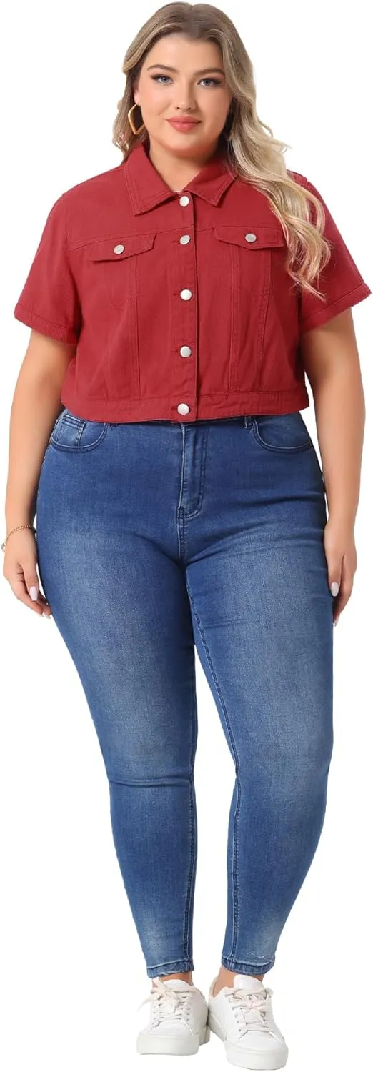 Agnes Orinda Plus Size Denim Jacket for Women Short Sleeves Button Down Cropped Jean Jackets