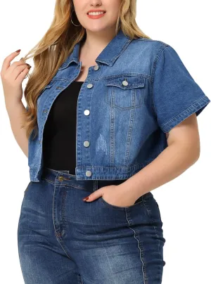 Agnes Orinda Plus Size Denim Jacket for Women Short Sleeves Button Down Cropped Jean Jackets