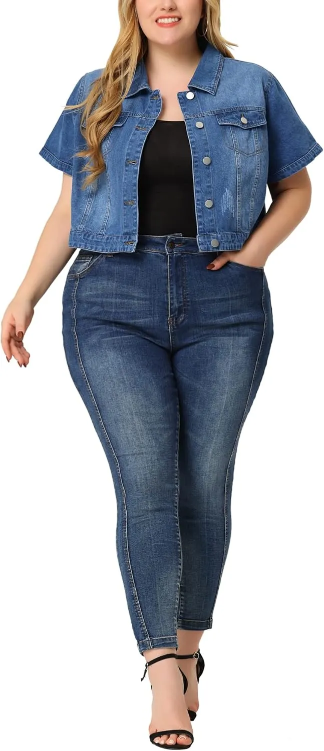 Agnes Orinda Plus Size Denim Jacket for Women Short Sleeves Button Down Cropped Jean Jackets
