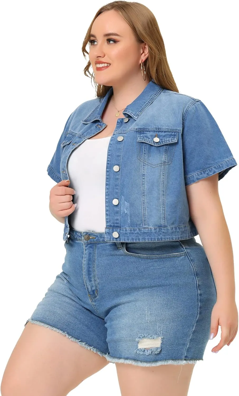 Agnes Orinda Plus Size Denim Jacket for Women Short Sleeves Button Down Cropped Jean Jackets